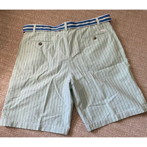 Izod Stripe Belted Shorts Men’s Size 38 100% Cotton Light Green/Blue - Picture 2 of 7